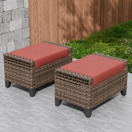Modern Wicker Patio Ottoman Foot Rest, Brown/Gray