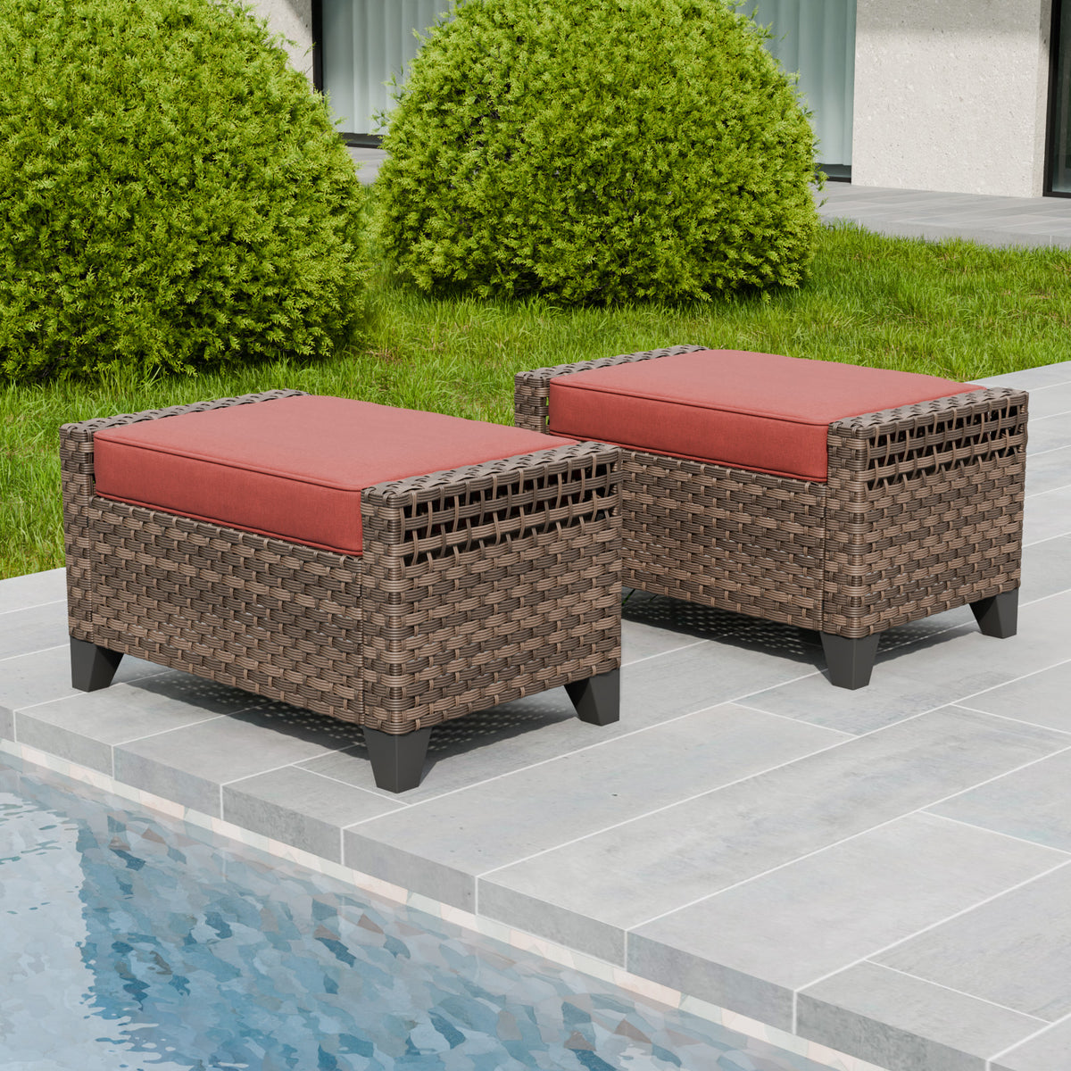 Modern Wicker Patio Ottoman Foot Rest, Brown/Gray