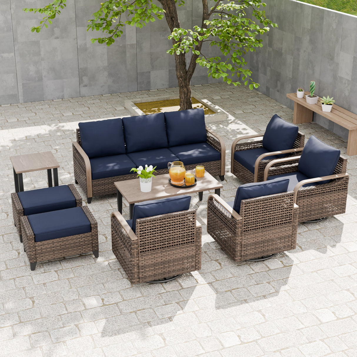 Modern Wicker Outdoor Furniture Set,4 Swivel Rocker Chairs, 3-Seat Loveseat, 2 Ottomans, Coffee Table and Side Table, 9 Pieces, Brown/Gray