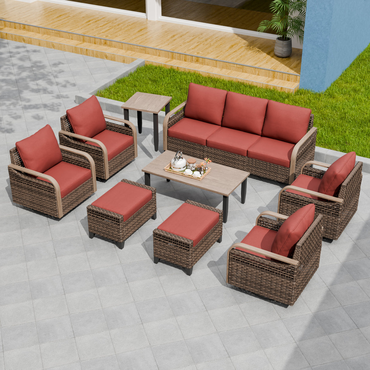 Modern Wicker Outdoor Furniture Set,4 Swivel Rocker Chairs, 3-Seat Loveseat, 2 Ottomans, Coffee Table and Side Table, 9 Pieces, Brown/Gray
