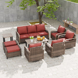Modern Wicker Outdoor Furniture Set,4 Swivel Rocker Chairs, 3-Seat Loveseat, 2 Ottomans, Coffee Table and Side Table, 9 Pieces, Brown/Gray