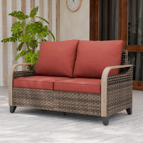 Modern Wicker Outdoor Furniture 2 Seat Loveseat Sofa , Brown/Gray