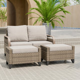 Modern Wicker Outdoor 3 Pieces Patio Furniture Set, 2-Seat Loveseat and 2 Ottoman