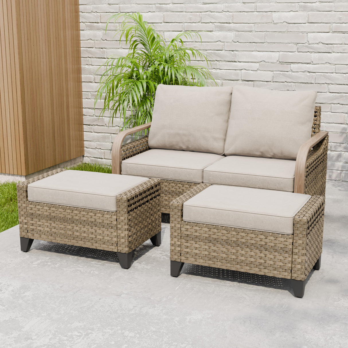 Modern Wicker Outdoor 3 Pieces Patio Furniture Set, 2-Seat Loveseat and 2 Ottoman