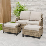 Modern Wicker Outdoor 3 Pieces Patio Furniture Set, 2-Seat Loveseat and 2 Ottoman