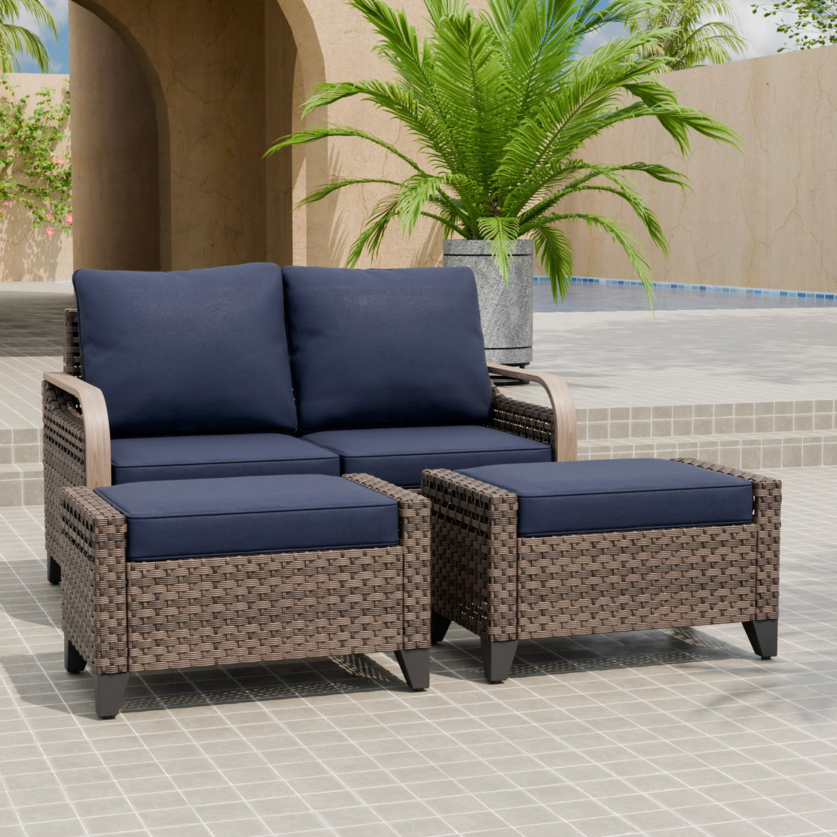 Modern Wicker Outdoor 3 Pieces Patio Furniture Set, 2-Seat Loveseat and 2 Ottoman