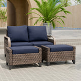 Modern Wicker Outdoor 3 Pieces Patio Furniture Set, 2-Seat Loveseat and 2 Ottoman