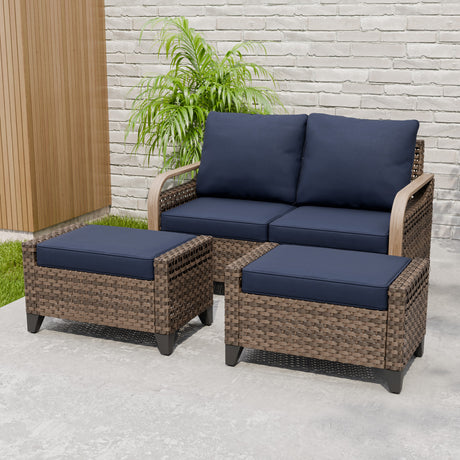 Modern Wicker Outdoor 3 Pieces Patio Furniture Set, 2-Seat Loveseat and 2 Ottoman