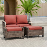 Modern Wicker Outdoor 3 Pieces Patio Furniture Set, 2-Seat Loveseat and 2 Ottoman