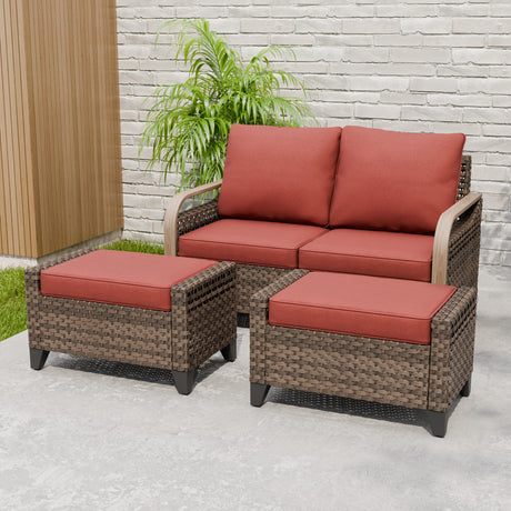 Modern Wicker Outdoor 3 Pieces Patio Furniture Set, 2-Seat Loveseat and 2 Ottoman
