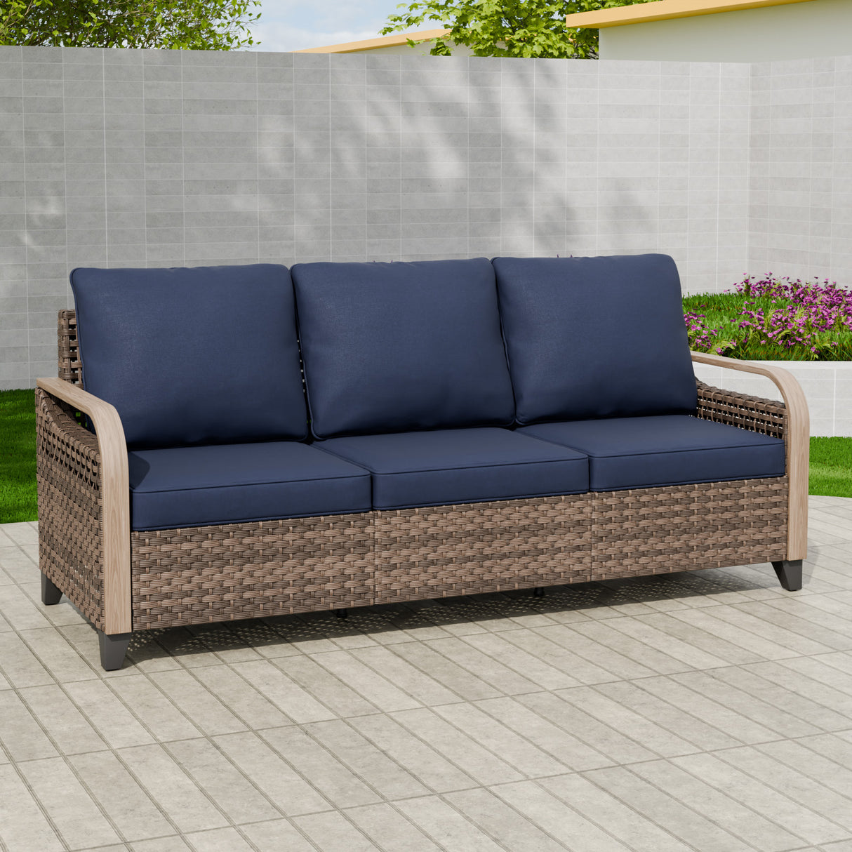 Modern Wicker Outdoor Patio 3 Seat Sofa, Brown/Gray