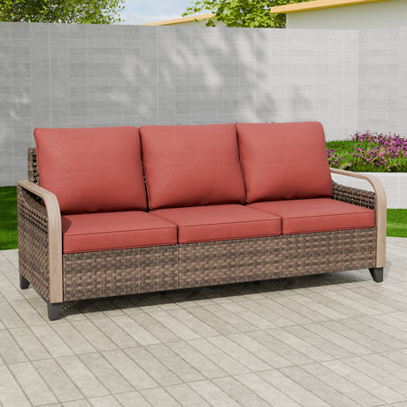 Modern Wicker Outdoor Patio 3 Seat Sofa, Brown/Gray