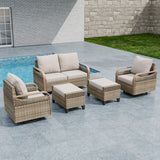 Modern Wicker Outdoor Patio Furniture Set, 5 Pieces, 2 Swivel Rocking Chairs, 2-Seat Loveseat and 2 Ottomans