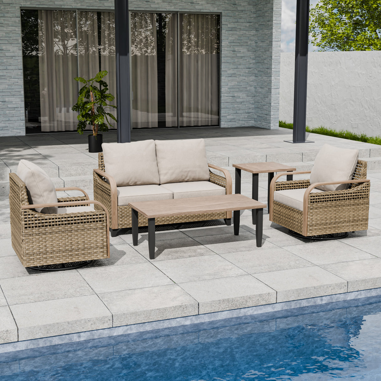 Modern Wicker Outdoor Patio Furniture Set,5 Pieces, 2 Swivel Rockers, 2-Seat Loveseat, Coffee Table and Side Table