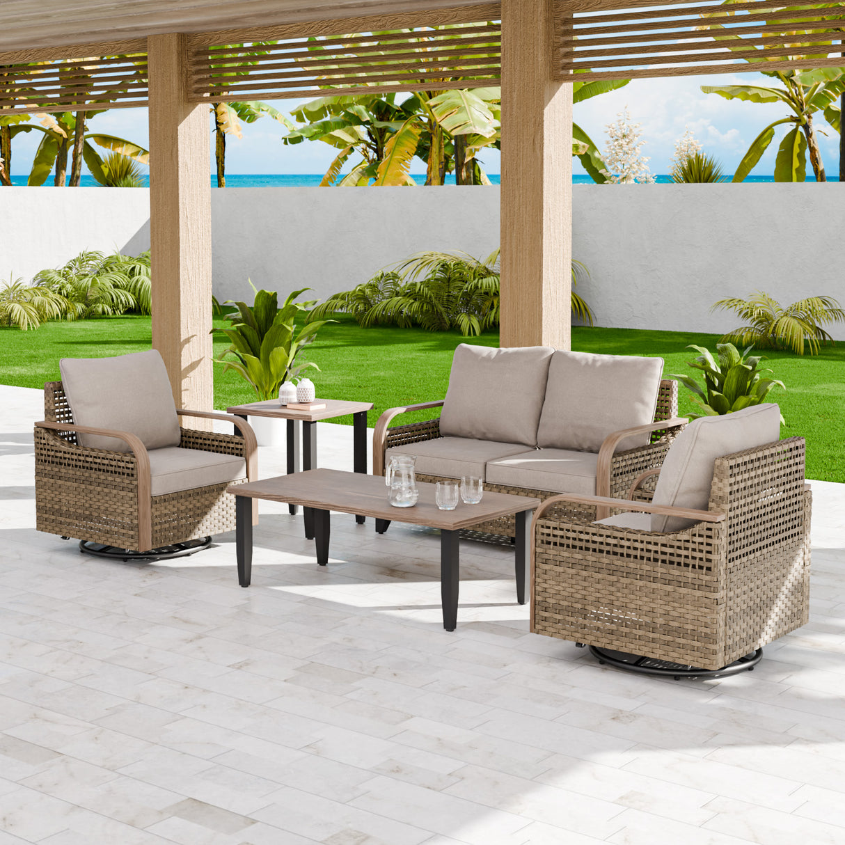 Modern Wicker Outdoor Patio Furniture Set,5 Pieces, 2 Swivel Rockers, 2-Seat Loveseat, Coffee Table and Side Table