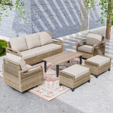 Modern Wicker Outdoor Patio Furniture Set,2 Swivel Rocking Chairs, 3-Seat Loveseat, 2 Ottomans and Coffee Table, 6 Pieces, Brown/Gray