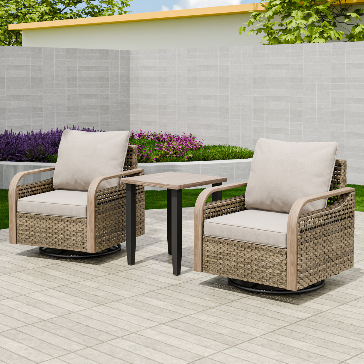 Modern Wicker Outdoor 3 Piece Wicker Swivel Rocking Chairs & Side Table, Brown/Gray