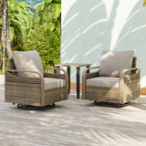 Modern Wicker Outdoor 3 Piece Wicker Swivel Rocking Chairs & Side Table, Brown/Gray