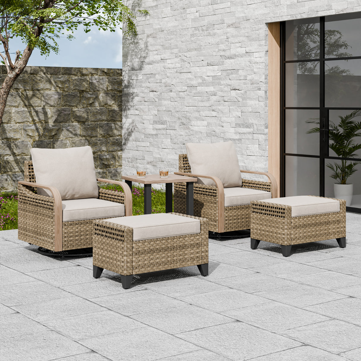 Modern Wicker 5 Piece Furniture Set w/ Swivel Rocking Chairs, Brown/Gray