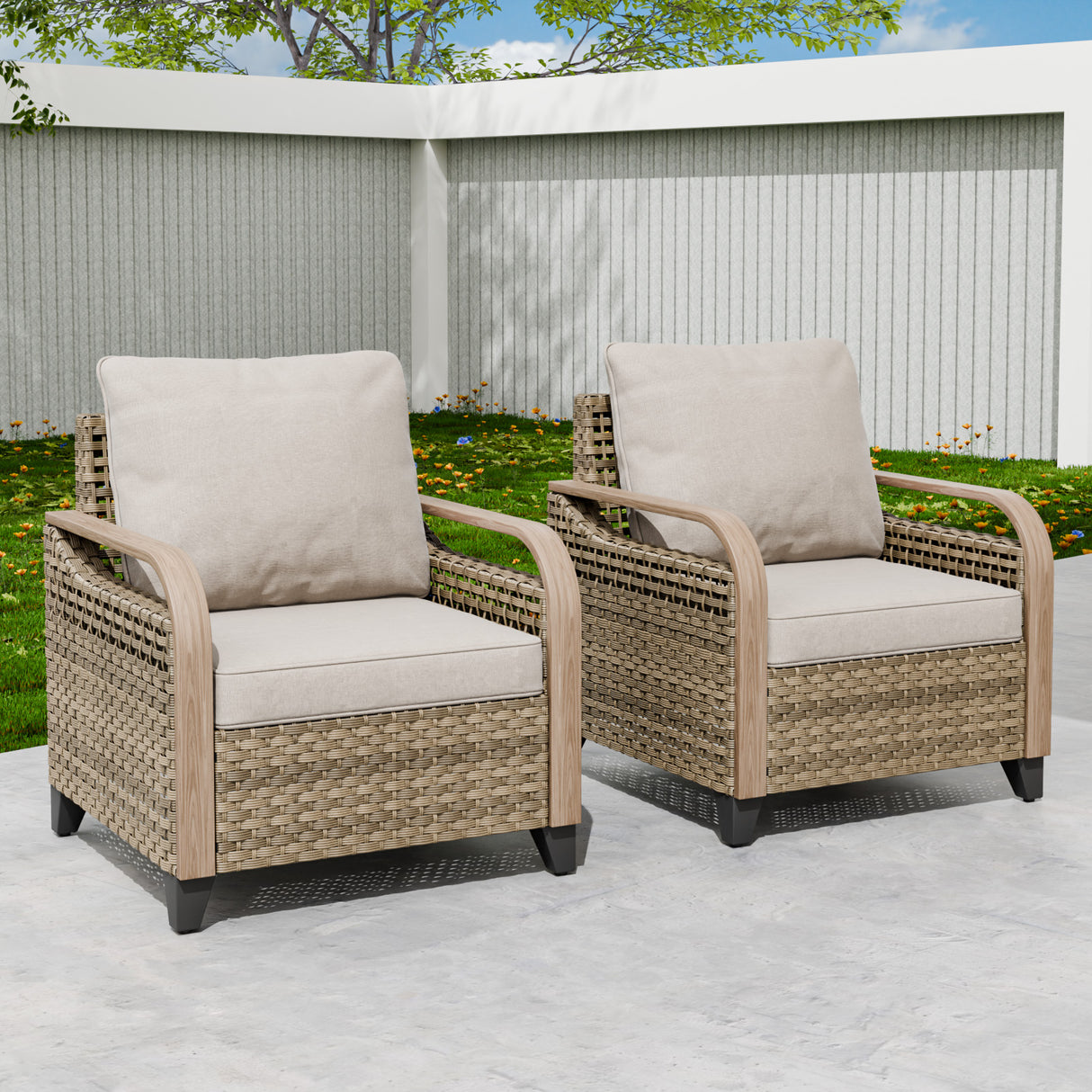 Modern Wicker Outdoor Chair, Patio Chair Curved Armrest, 2 Chairs, Brown/Gray