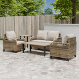 Modern Wicker Outdoor Patio Furniture Set,2 Patio Chairs, 2-Seat Loveseat, Coffee Table and Side Table, 5 Pieces, Brown/Gray
