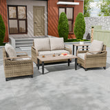 Modern Wicker Outdoor Patio Furniture Set,2 Patio Chairs, 2-Seat Loveseat, Coffee Table and Side Table, 5 Pieces, Brown/Gray