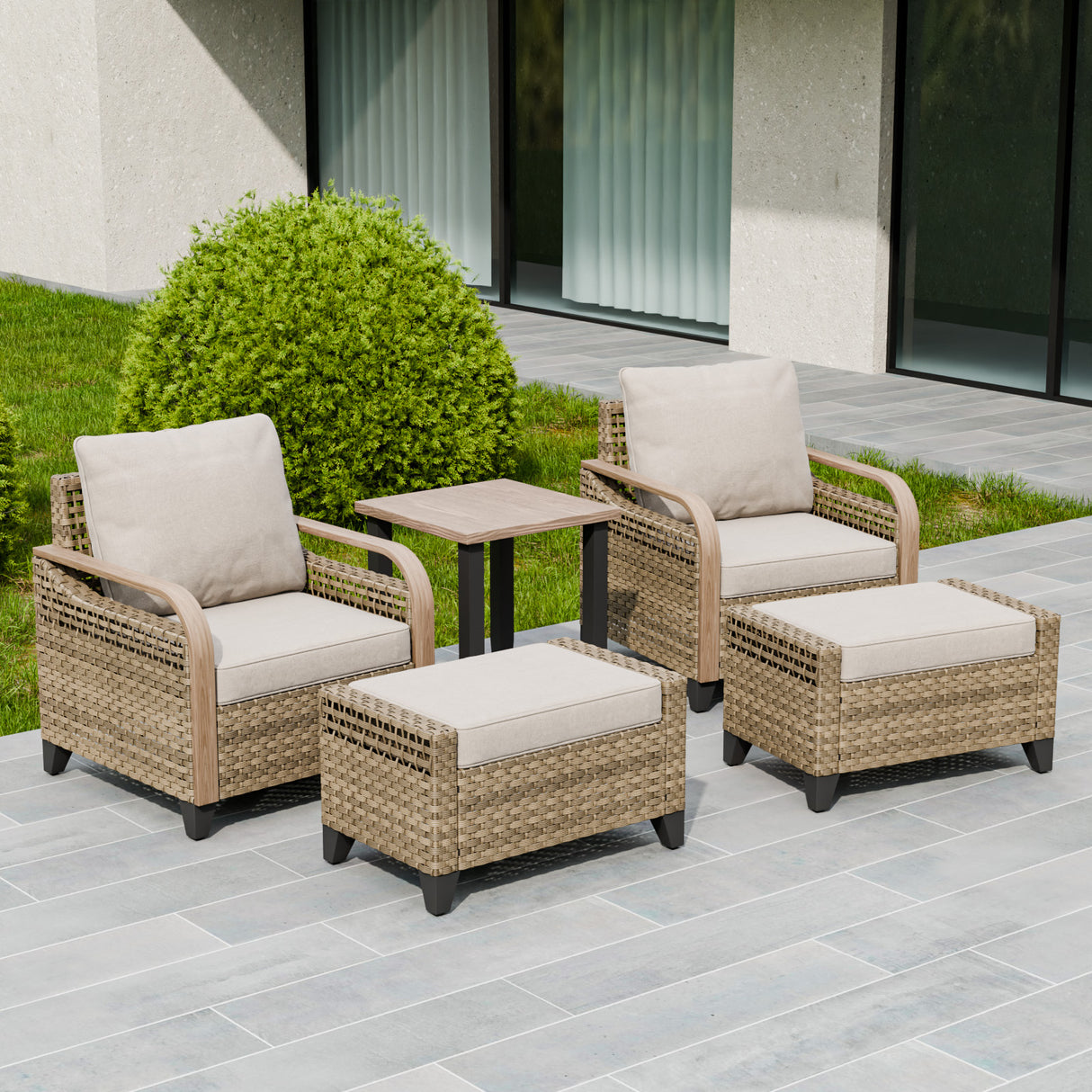 Modern Wicker 5 Piece Furniture Set w/ Patio Chairs, Brown/Gray