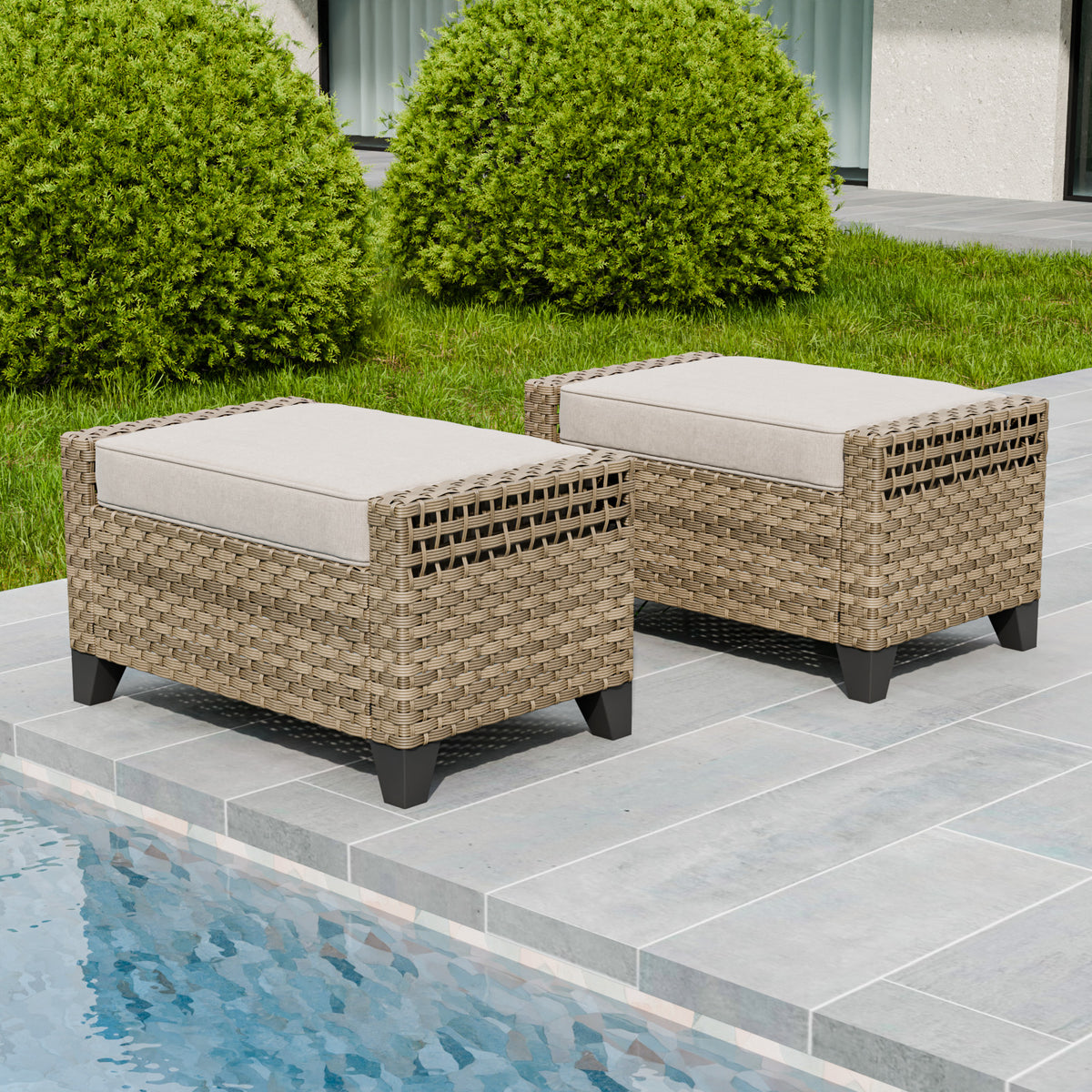 Modern Wicker Patio Ottoman Foot Rest, Brown/Gray