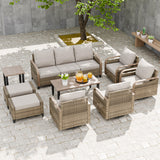 Modern Wicker Outdoor Furniture Set,4 Swivel Rocker Chairs, 3-Seat Loveseat, 2 Ottomans, Coffee Table and Side Table, 9 Pieces, Brown/Gray