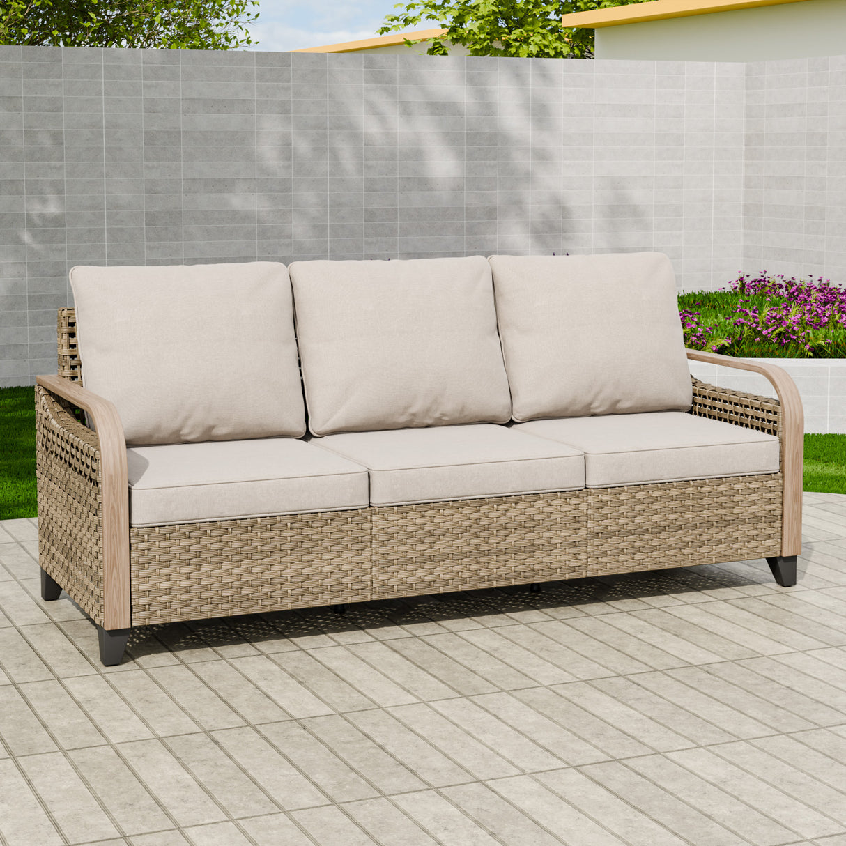 Modern Wicker Outdoor Patio 3 Seat Sofa, Brown/Gray