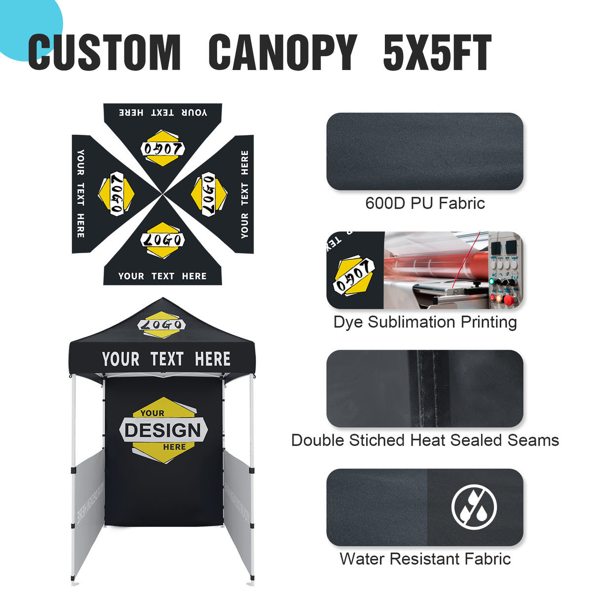Custom Canopy Tent with Logo and Custom Prints 5x5 ft with One Sidewall and Two Half Walls