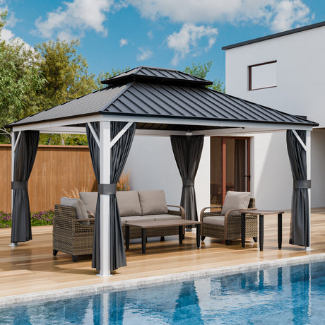 12x10/12x12/12x14/12x16/12x18/12x20 Hardtop Gazebo, Galvanized Steel Double Roof with Aluminum Frame
