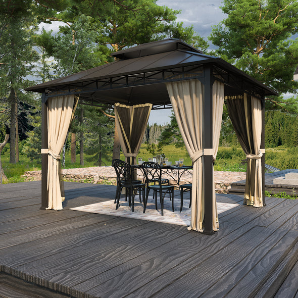 EAGLE PEAK 10x12 Outdoor Permanent Double Roof Hardtop Gazebo with Decorative Lattice Eave Steel Frame, Mosquito Mesh Netting and Light Beige Privacy Curtains, Backyard Patio Garden Gazebo Pavilion, Black