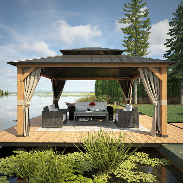 EAGLE PEAK 13x15 Solid Wood Gazebo with Netting and Curtains, Outdoor Hardtop Gazebo Pavilion Cedar Wooden Frame Double Roof Metal Canopy for Patio Deck Backyards Garden