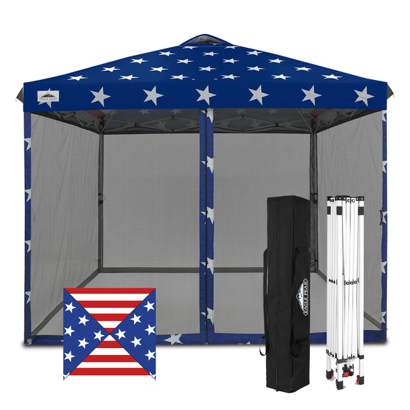 EAGLE PEAK 10x10 Outdoor Easy Pop up Canopy with Netting, Instant Screen Party Tent with Mesh Side Walls, Gray/Beige/American Flag