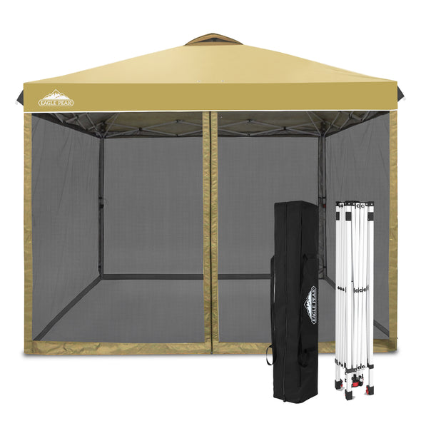 EAGLE PEAK 10x10 Outdoor Easy Pop up Canopy with Netting, Instant Screen Party Tent with Mesh Side Walls, Gray/Beige/American Flag