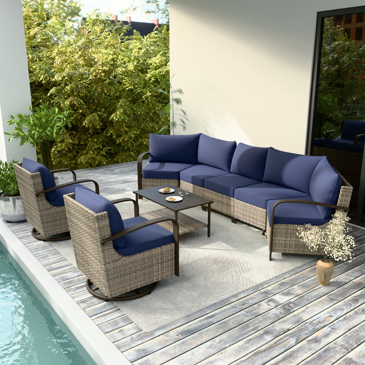 Coastal Vista Outdoor Patio Furniture Set w/Swivel Rocker Chairs, Seats 7 - Eagle Peak Custom Canopy Tent
