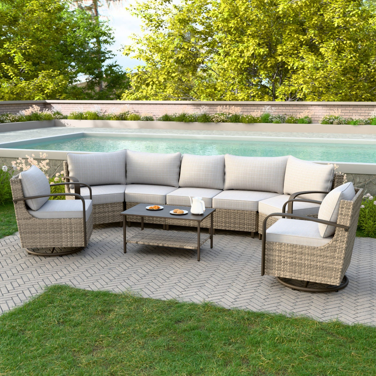 Coastal Vista Outdoor Patio Furniture Set w/Swivel Rocker Chairs, Seats 7 - Eagle Peak Custom Canopy Tent