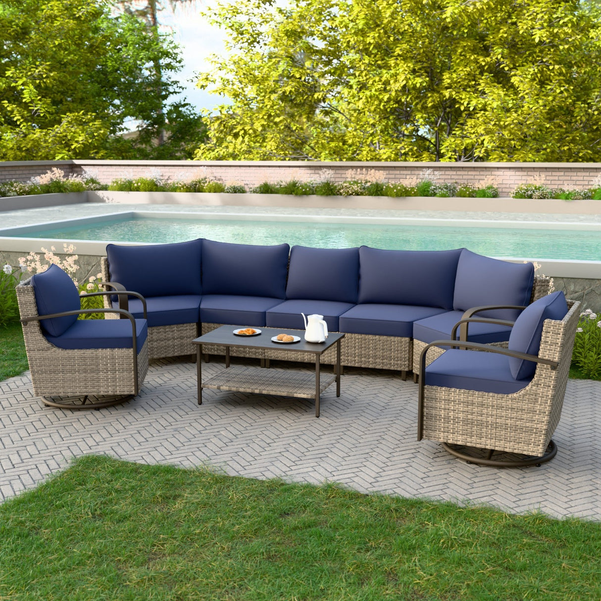 Coastal Vista Outdoor Patio Furniture Set w/Swivel Rocker Chairs, Seats 7 - Eagle Peak Custom Canopy Tent