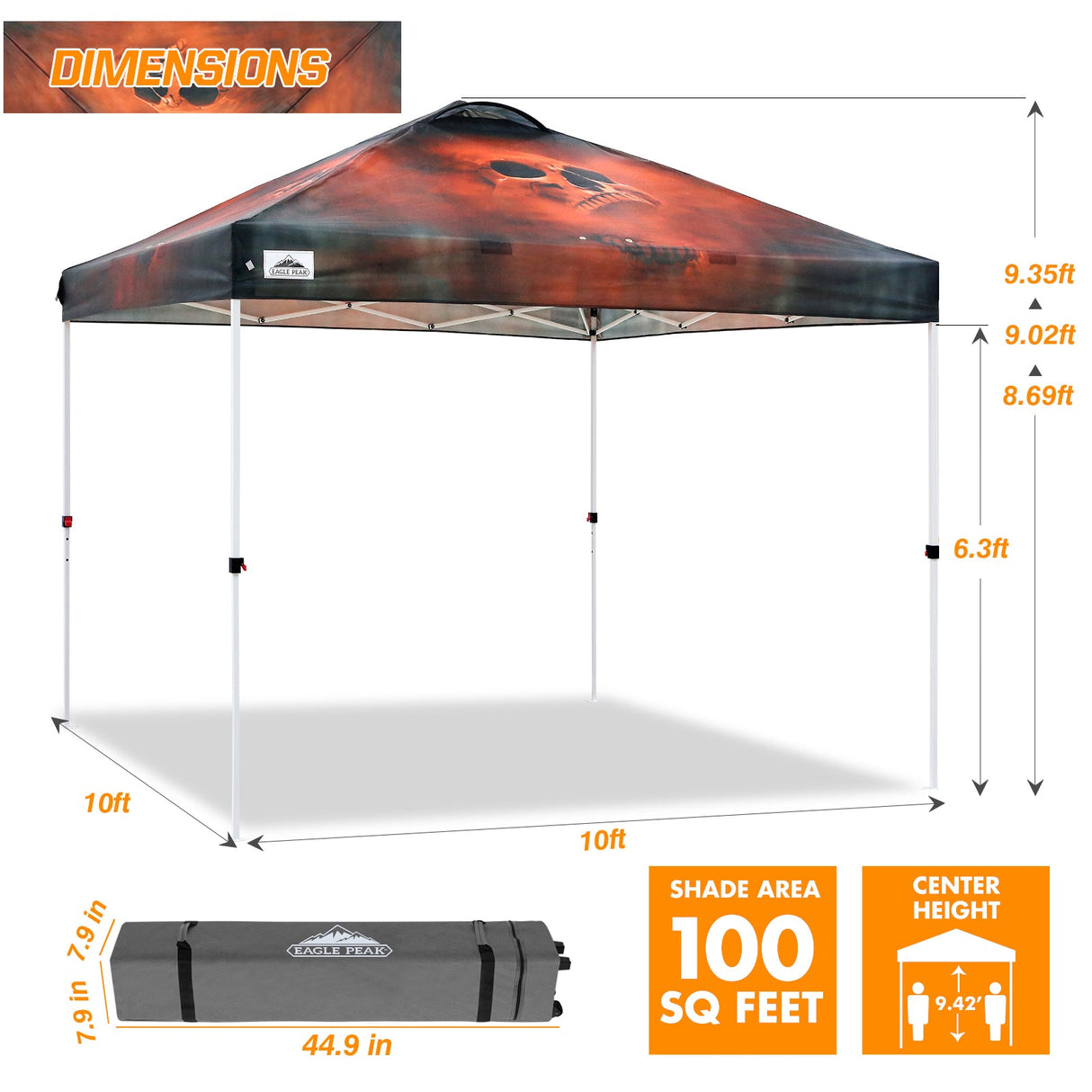 EAGLE PEAK 10x10 Pop Up Canopy, Straight Leg Pop Up Tent, 100 Square Feet of Shade, Horror Skull - Eagle Peak Custom Canopy Tent