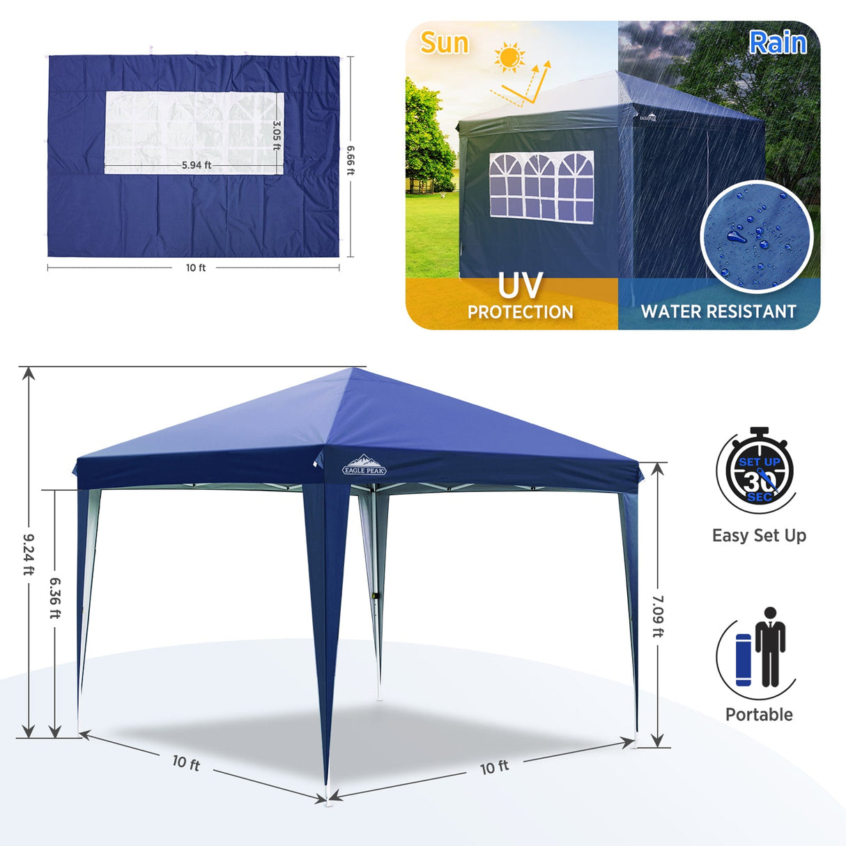 EAGLE PEAK 10x10 Pop Up Canopy Tent with 4 Side Walls, Easy Set up Shelter with 100 Square Feet of Shade - Eagle Peak Custom Canopy Tent