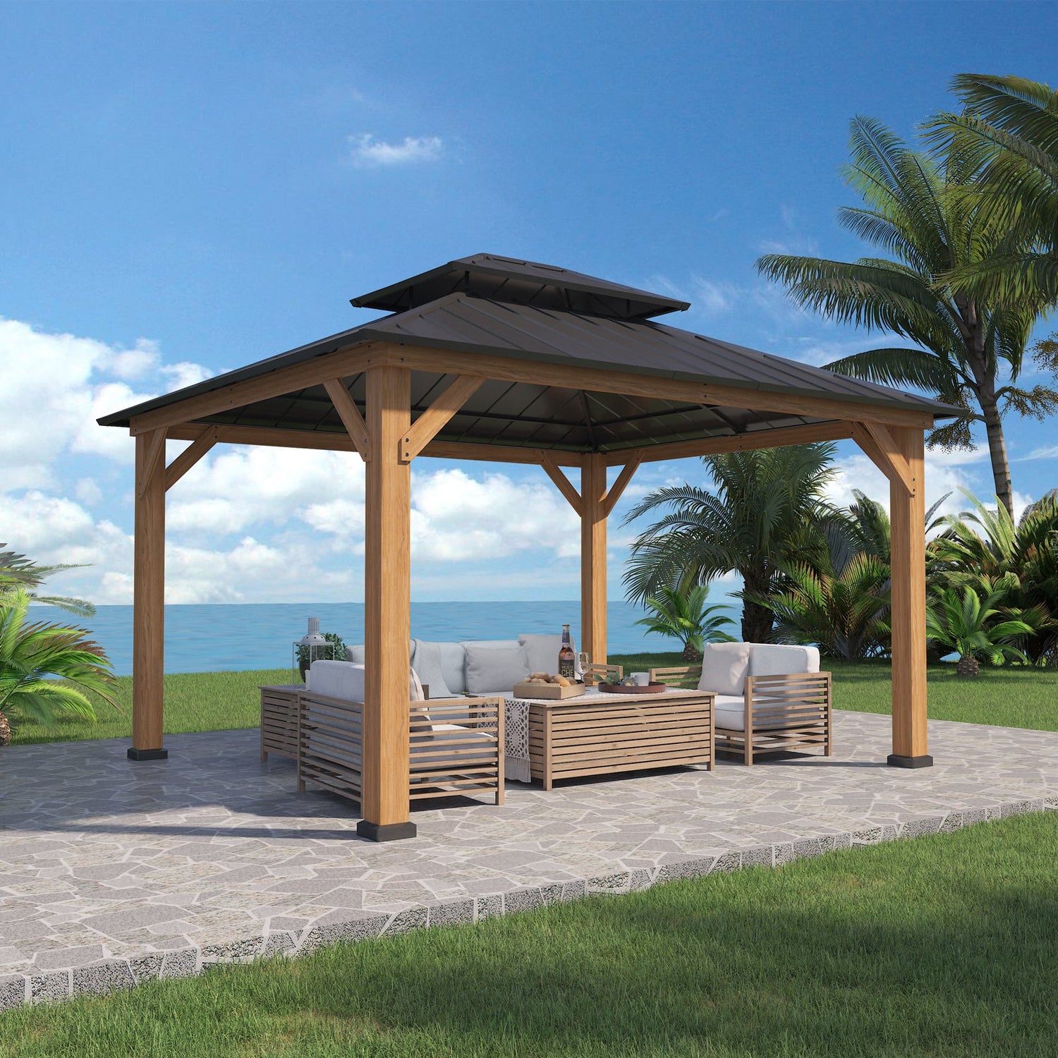 13x11 Hardtop Gazebo, Glavanized Steel Double Roof