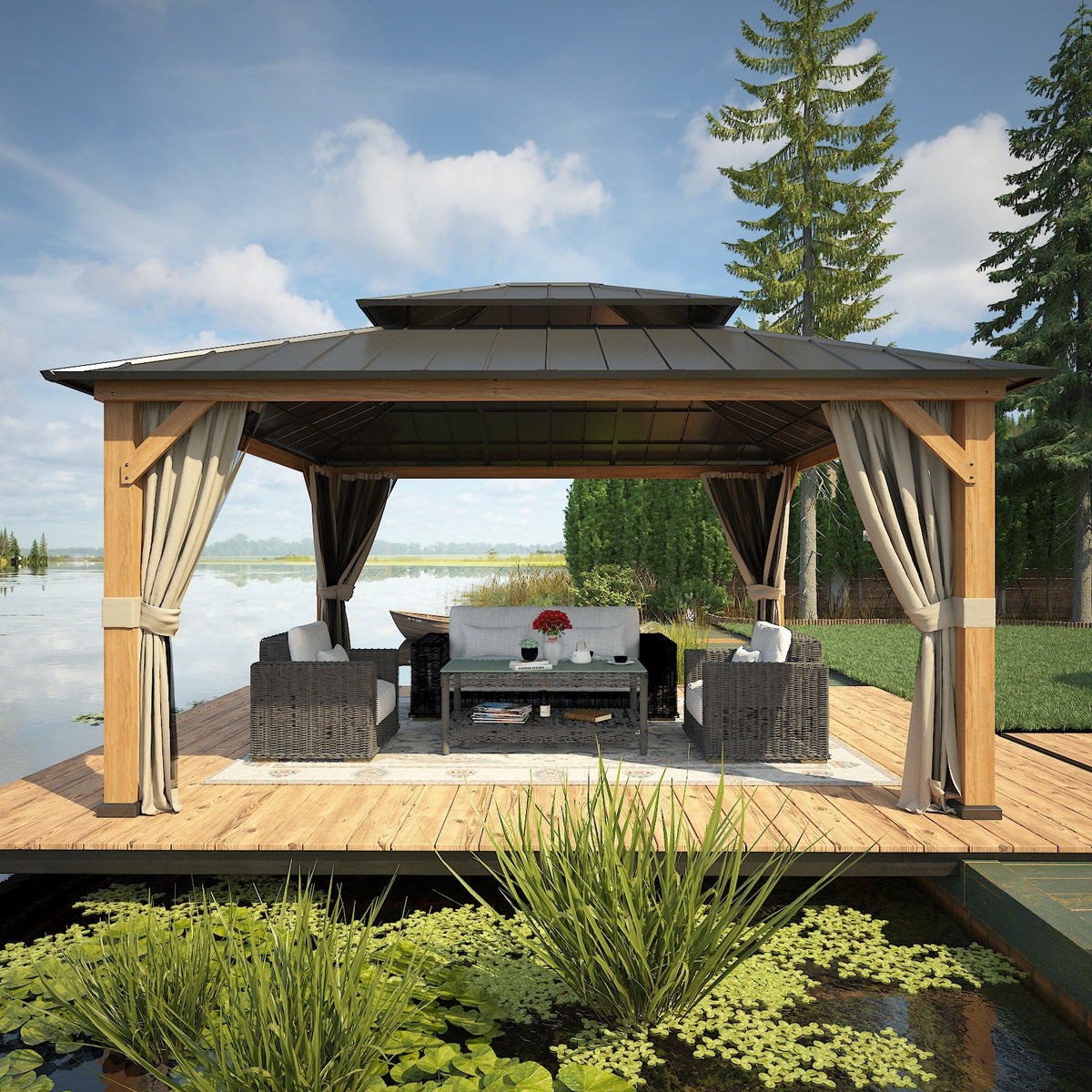EAGLE PEAK 13x15 Solid Wood Gazebo with Netting and Curtains, Outdoor ...