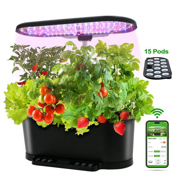 EAGLE PEAK 15 Pods Hydroponics Growing System with WiFi, 5.5 L Water Tank, Smart Plants Germination Kit with LED Grow Light, Black
