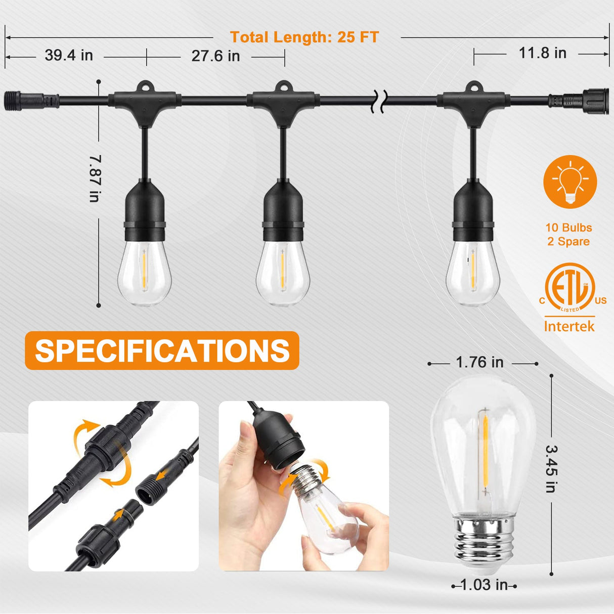 EAGLE PEAK 25 FT S14 Solar - Powered String Lights, IP65, 10 Shatterproof Edison Vintage Bulbs (2 Spare) for Outdoors, 10 Hanging Sockets, Decorative Lights for Christmas, Patio, Garden, Wedding, Party, and Pool - Eagle Peak Canopy and Outdoor Products