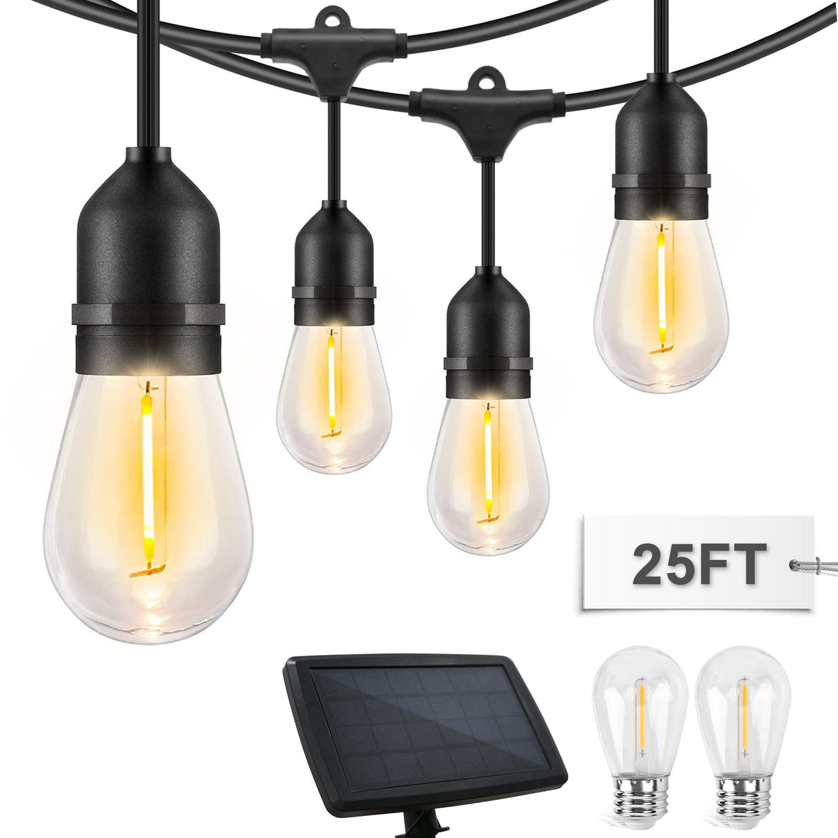EAGLE PEAK 25 FT S14 Solar - Powered String Lights, IP65, 10 Shatterproof Edison Vintage Bulbs (2 Spare) for Outdoors, 10 Hanging Sockets, Decorative Lights for Christmas, Patio, Garden, Wedding, Party, and Pool - Eagle Peak Canopy and Outdoor Products