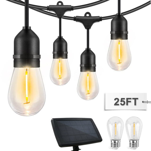 EAGLE PEAK 25 FT S14 Solar - Powered String Lights, IP65, 10 Shatterproof Edison Vintage Bulbs (2 Spare) for Outdoors, 10 Hanging Sockets, Decorative Lights for Christmas, Patio, Garden, Wedding, Party, and Pool - Eagle Peak Canopy and Outdoor Products