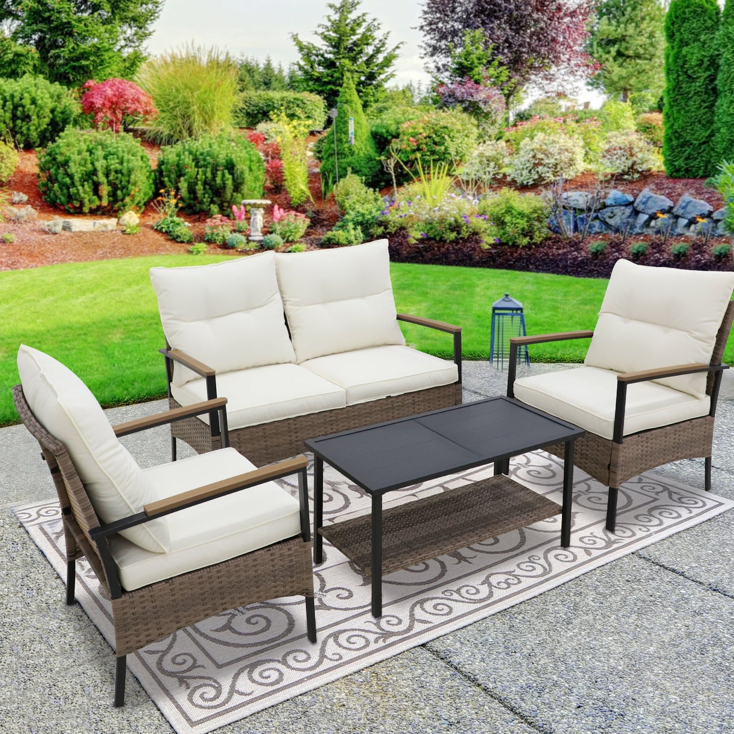 4 PCS Mojave Dusk Patio Wicker Furniture, Loveseat, 2 Patio Chairs and Coffee Table, Brown/Beige