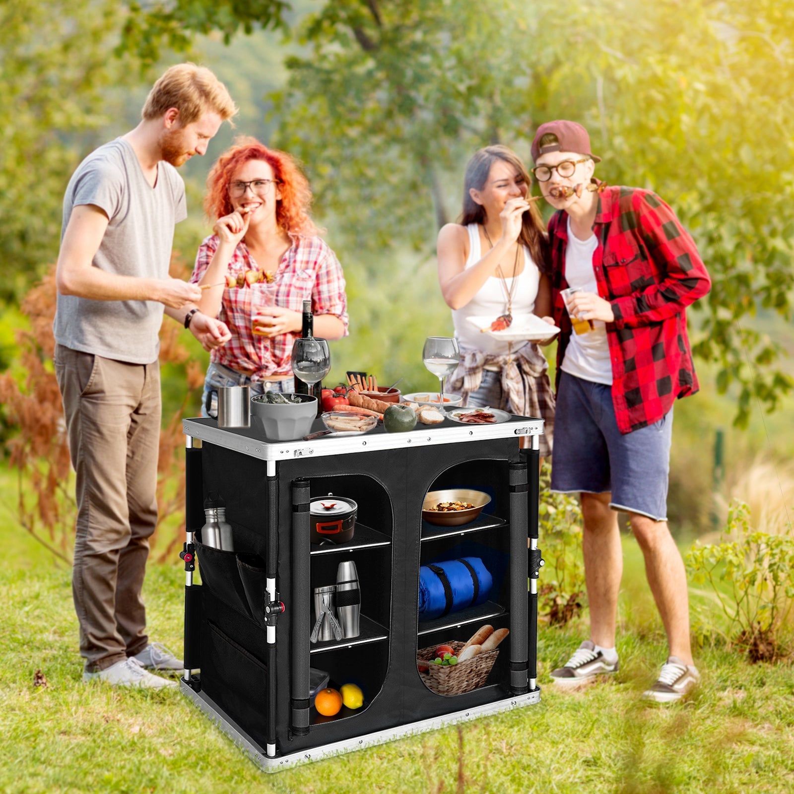Double Camping Folding Table with Storage Organizer and Side