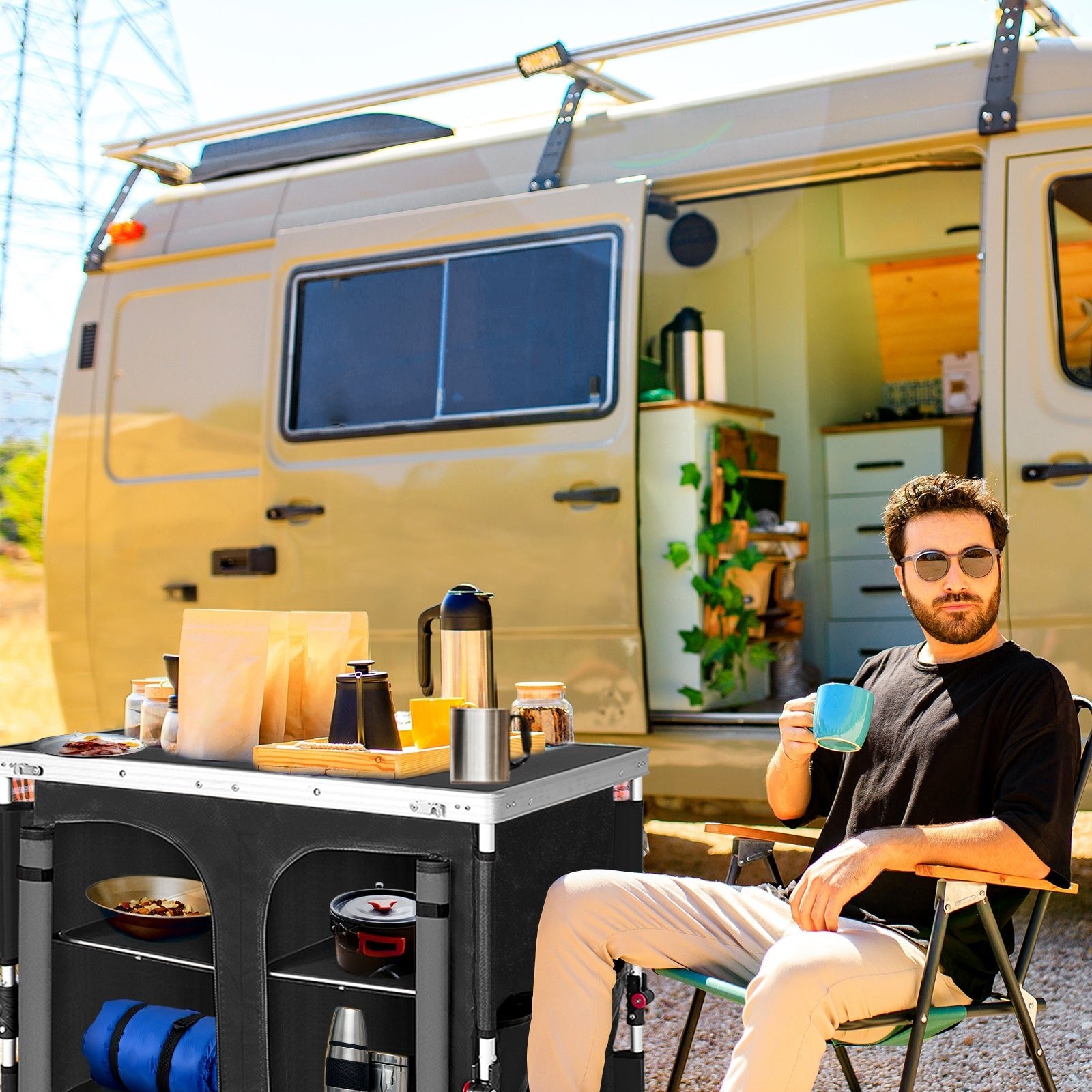 Double Camping Folding Table with Storage Organizer and Side